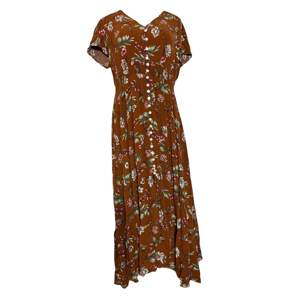 Rusttydustty Boho Cottagecore Prairie Maxi Dress Brown Floral Button Front 2XL
